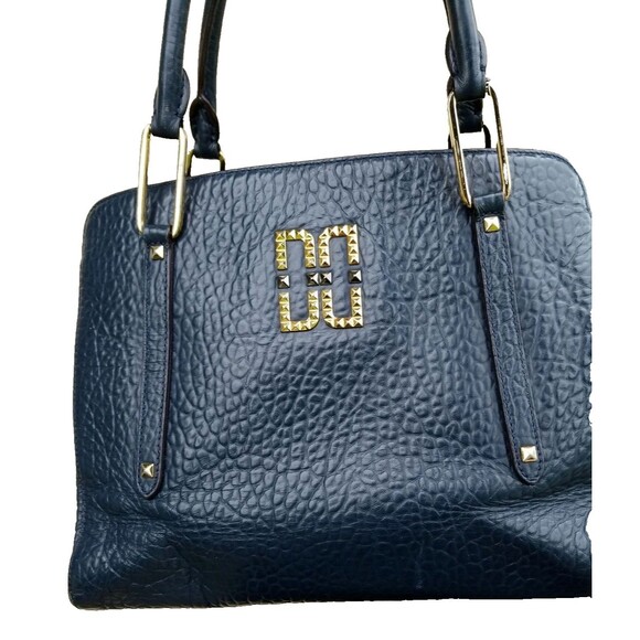 Authentic Daks London Satchel Handbag Purse Logo Blue Leather Studs Footed - Picture 1 of 16